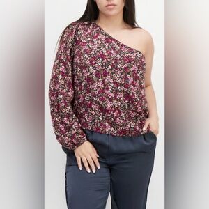 Lucy Paris Pink Floral One-Shoulder Blouse with Dark Green Base